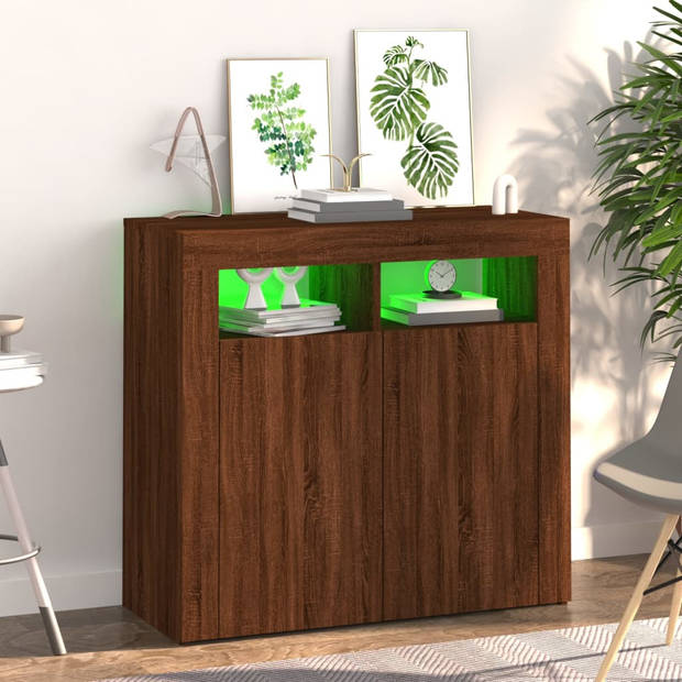 The Living Store Dressoir - LED-verlichting - Bewerkt hout - Afmetingen- 80 x 35 x 75 cm - Bruineiken kleur