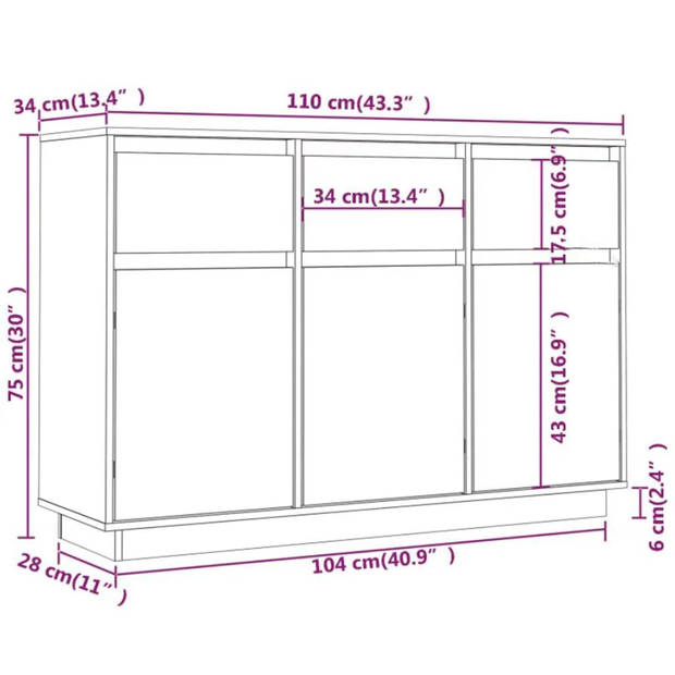 vidaXL Dressoir 110x34x75 cm massief grenenhout