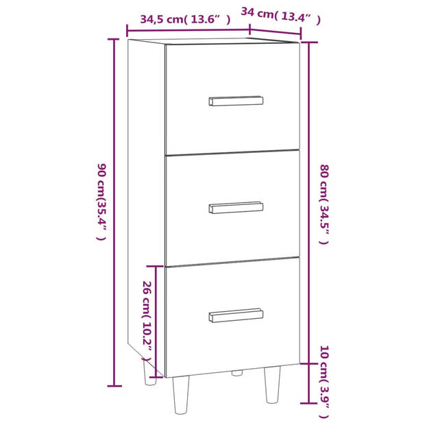 The Living Store Dressoir Kast - Hoogglans Wit - 34.5 x 34 x 90 cm - Bewerkt Hout en Eucalyptushout