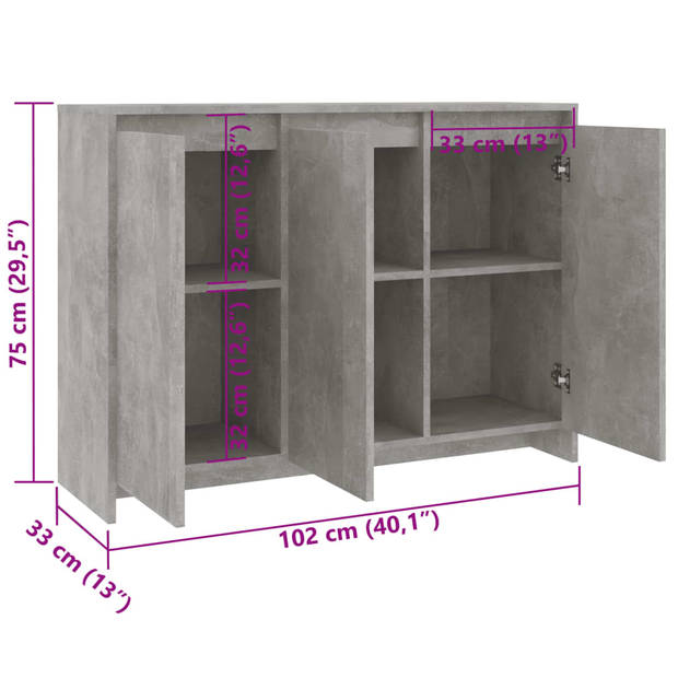 vidaXL Dressoir 102x33x75 cm bewerkt hout betongrijs