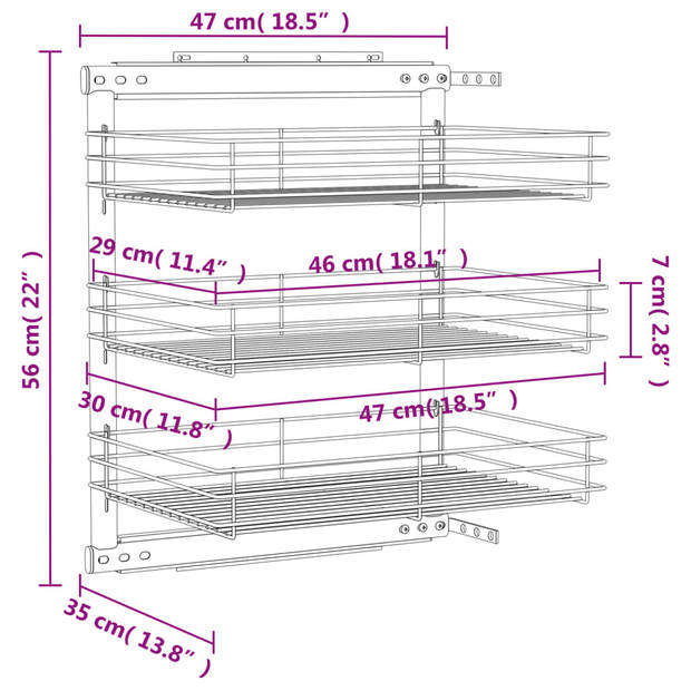 vidaXL Draadmand keuken uittrekbaar 3-laags 47x35x56 cm zilverkleurig