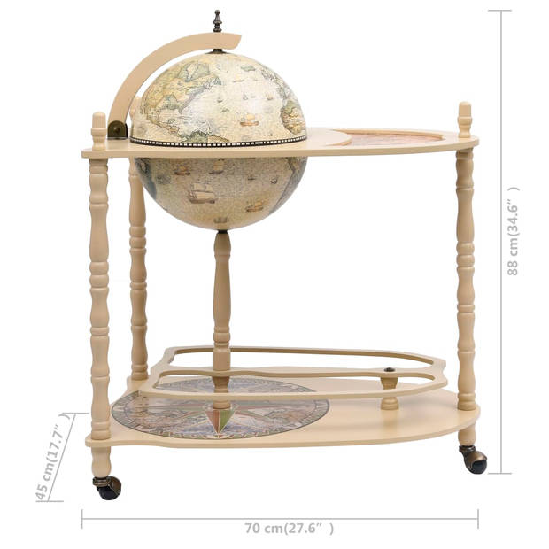 The Living Store Globebar Renaissance - Houten - Groen/Wit - 70x45x88 cm - Met wieltjes