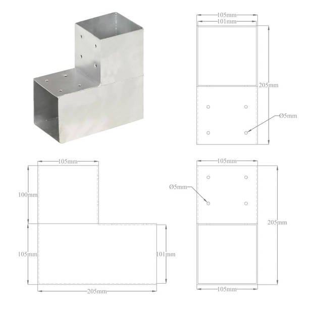 vidaXL Paalverbindingen 4 st L-vorm 101x101 mm gegalvaniseerd metaal