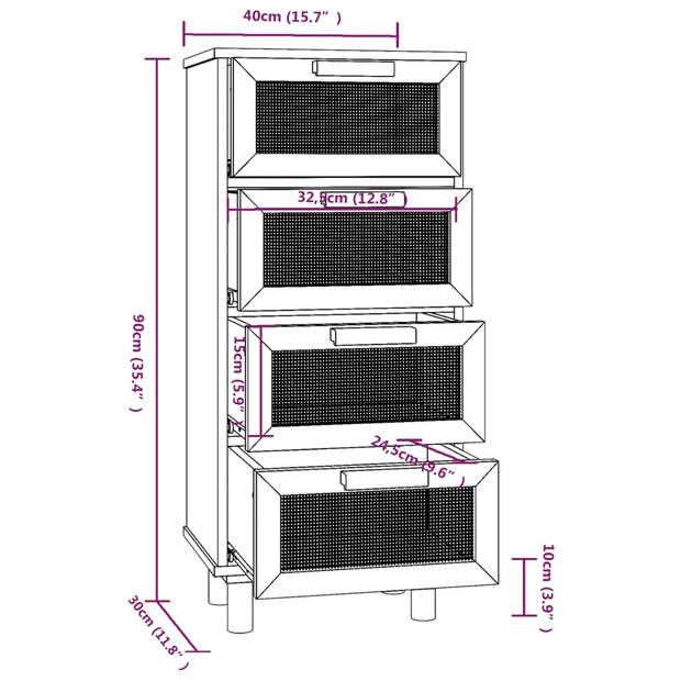 vidaXL Dressoir 40x30x90 cm massief grenenhout en rattan bruin