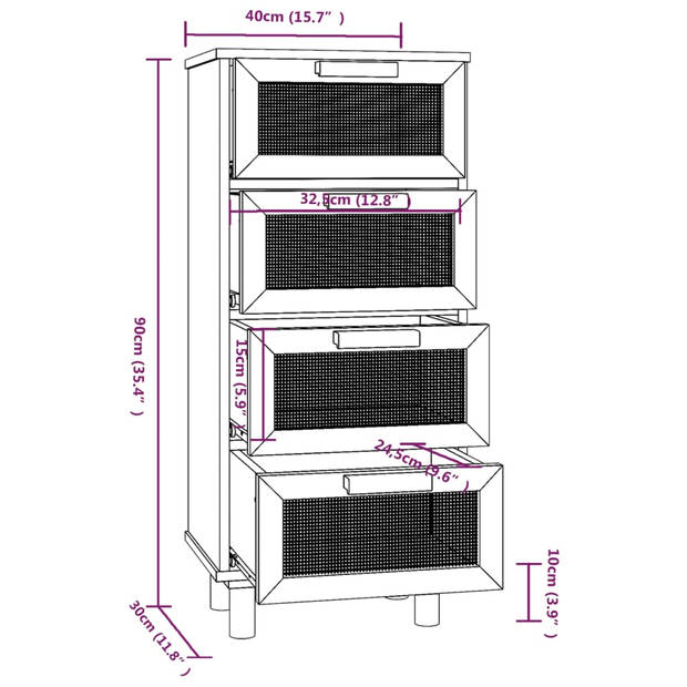 vidaXL Dressoir 40x30x90 cm massief grenenhout en rattan wit