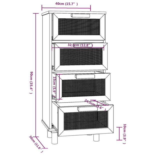 vidaXL Dressoir 40x30x90 cm massief grenen hout en rattan zwart