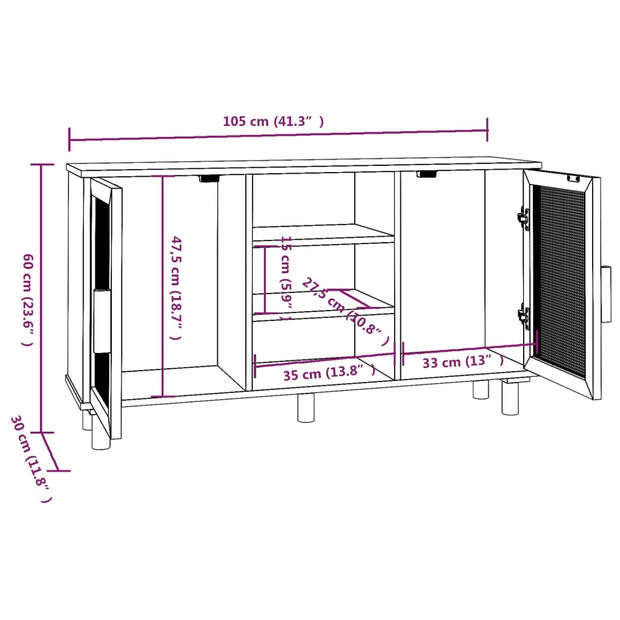 The Living Store Dressoir Meubel - 105 x 30 x 60 cm - Bruin hout en rattan