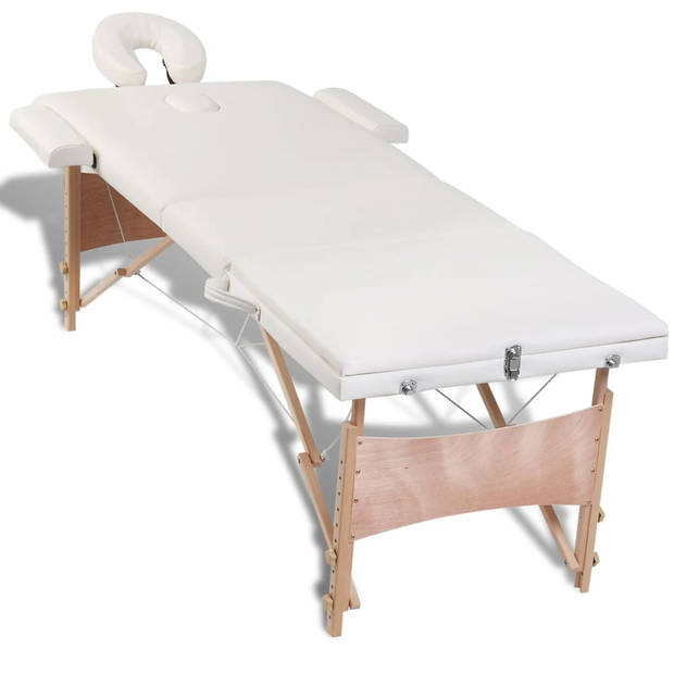 vidaXL Inklapbare massagetafel 3 zones met houten frame (creme)