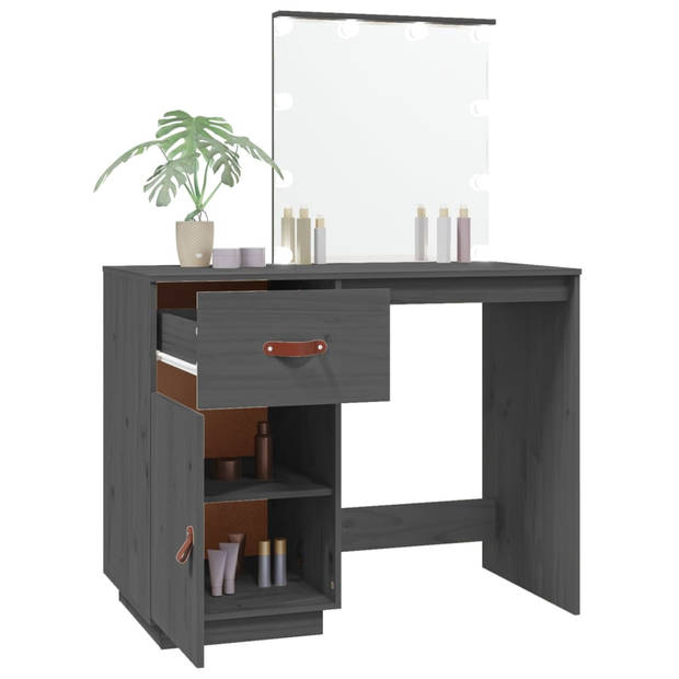 The Living Store Kaptafel Grijs Massief Grenenhout LED 95x50x133.5cm - Make-uptafel met Spiegel - Opslag en USB