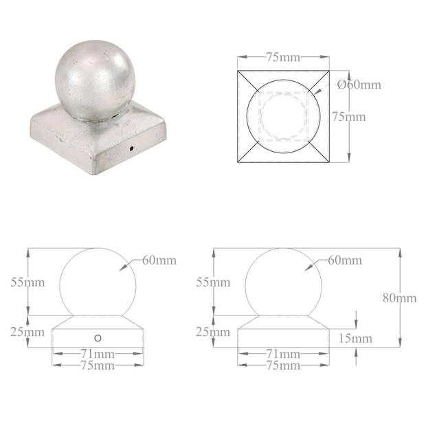 The Living Store paalkap Metalen Gegalvaniseerd - 75x75x80mm - 6 stuks