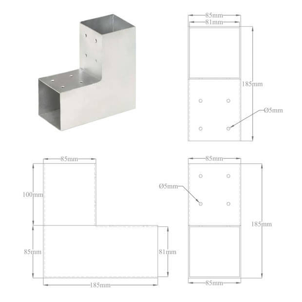 vidaXL Paalverbindingen 4 st L-vorm 81x81 mm gegalvaniseerd metaal