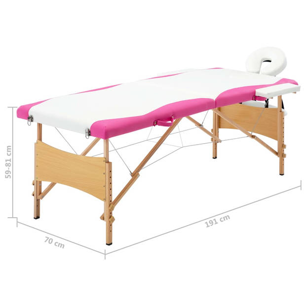 vidaXL Massagetafel inklapbaar 2 zones hout wit en roze