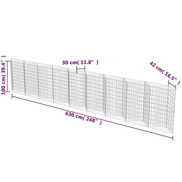 The Living Store Schanskorfmuur RVS 630x30x100 cm - Gegalvaniseerd - 10x5 cm gaas - 3.5 mm draad - 1.400 kg/m³