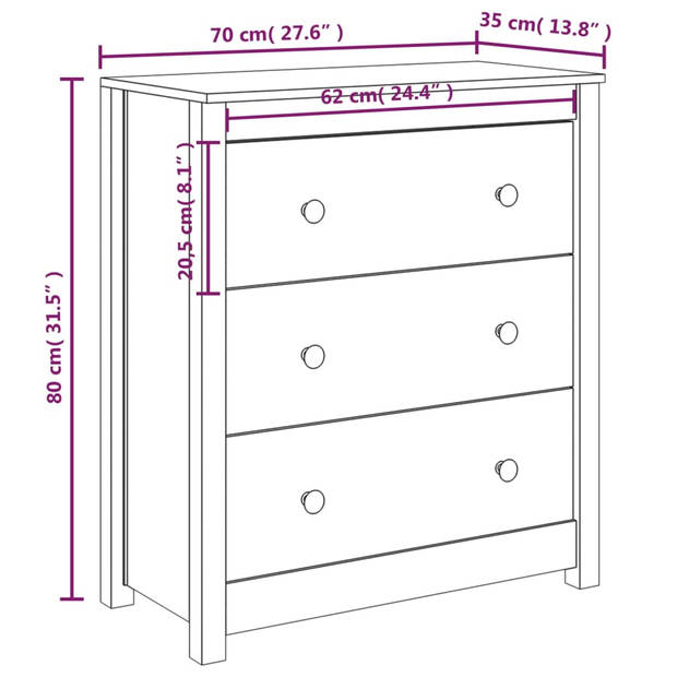 The Living Store Dressoir Grenenhout - Wit - 70 x 35 x 80 cm - Opbergruimte - Stevig blad