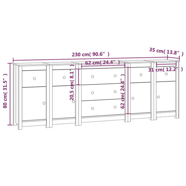 The Living Store Dressoir - Massief Grenenhout - Wit - 230 x 35 x 80 cm - Met voldoende opbergruimte