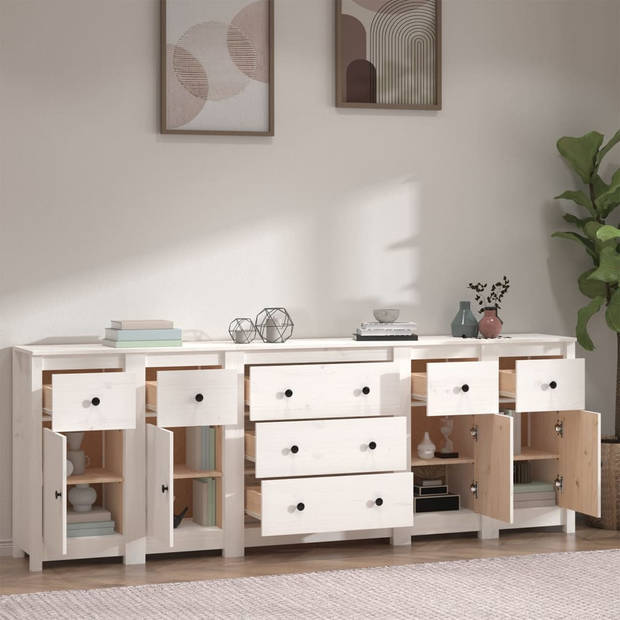 The Living Store Dressoir - Massief Grenenhout - Wit - 230 x 35 x 80 cm - Met voldoende opbergruimte