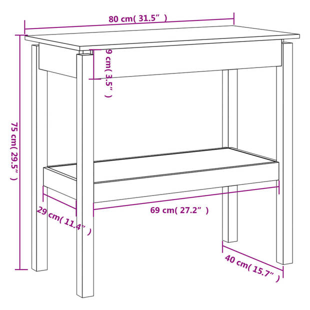 vidaXL Wandtafel 80x40x75 cm massief grenenhout wit