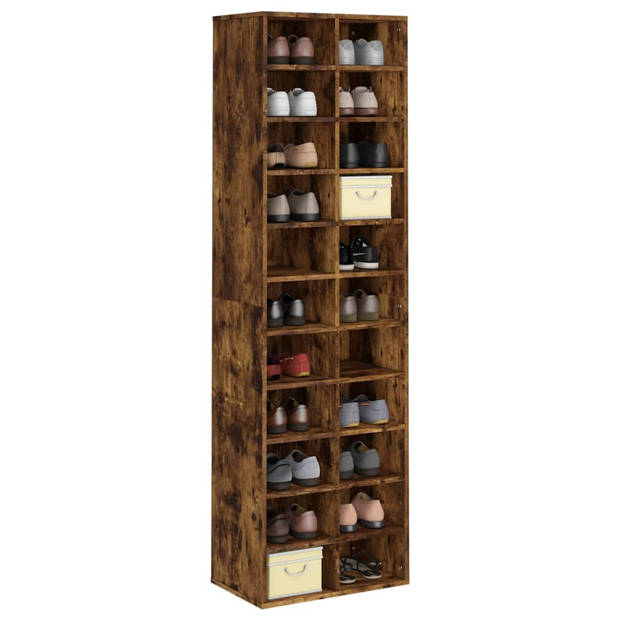 The Living Store Schoenenrek Gerookt Eiken - 54x34x183 cm - Met 22 schappen - Bewerkt hout