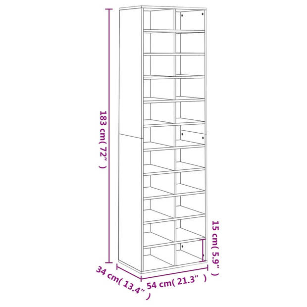 The Living Store Schoenenrek Gerookt Eiken - 54x34x183 cm - Met 22 schappen - Bewerkt hout