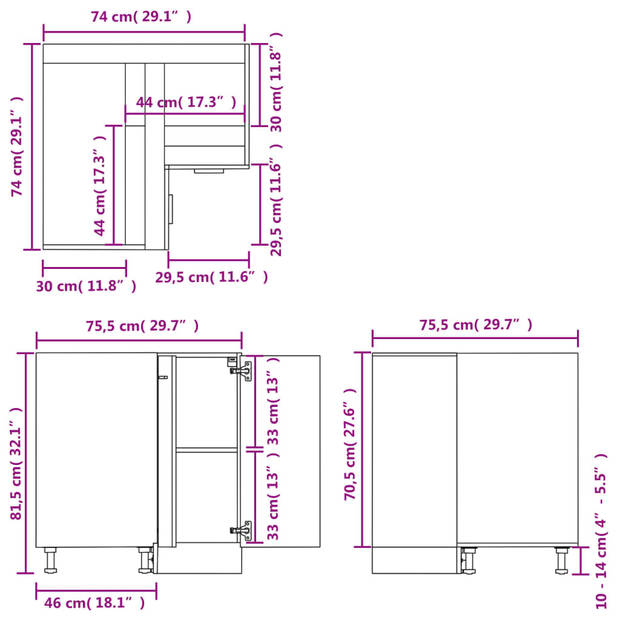 vidaXL Hoekonderkast 75,5x75,5x81,5 cm spaanplaat hoogglans wit