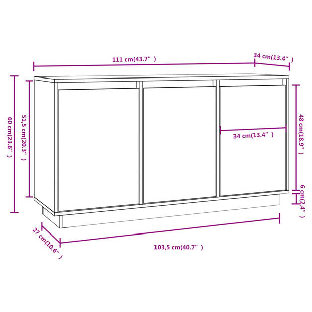 vidaXL Dressoir 111x34x60 cm massief grenenhout wit