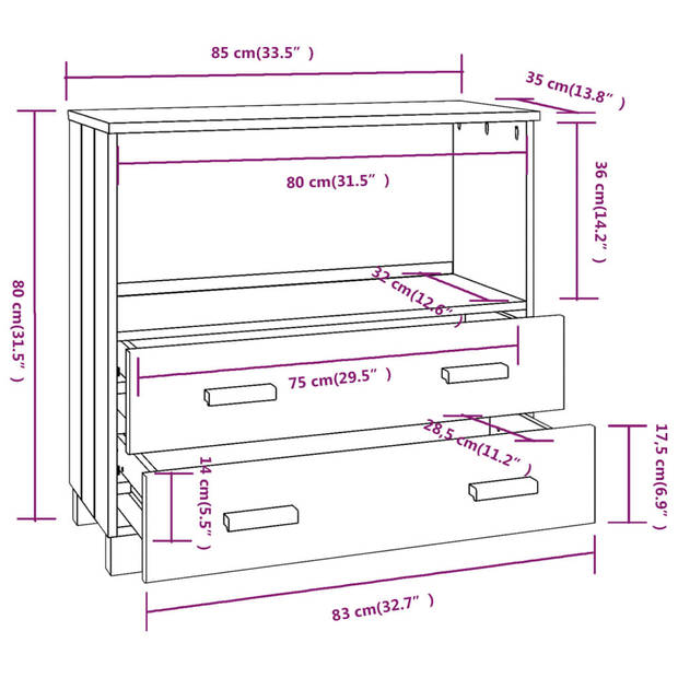 vidaXL Dressoir HAMAR 85x35x80 cm massief grenenhout honingbruin