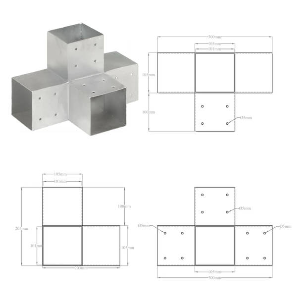 vidaXL Paalverbindingen 4 st X-vorm 101x101 mm gegalvaniseerd metaal