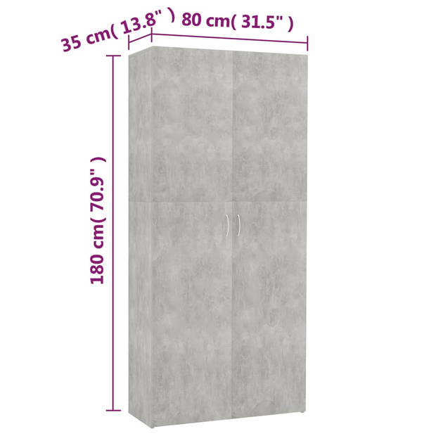 The Living Store Schoenenkast - Betongrijs - 80 x 35.5 x 180 cm - Met 2 deuren en 6 schappen