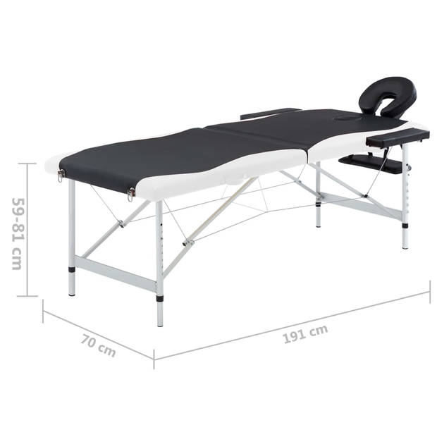 vidaXL Massagetafel inklapbaar 2 zones aluminium zwart en wit