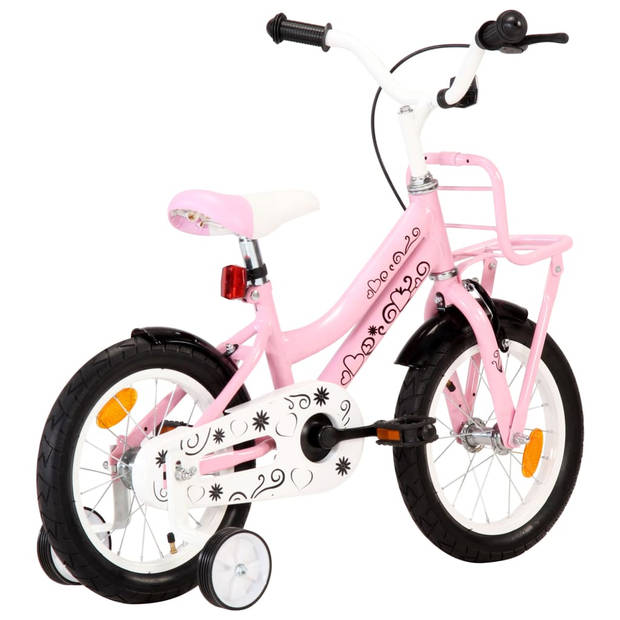 vidaXL Kinderfiets met voordrager 14 inch wit en roze