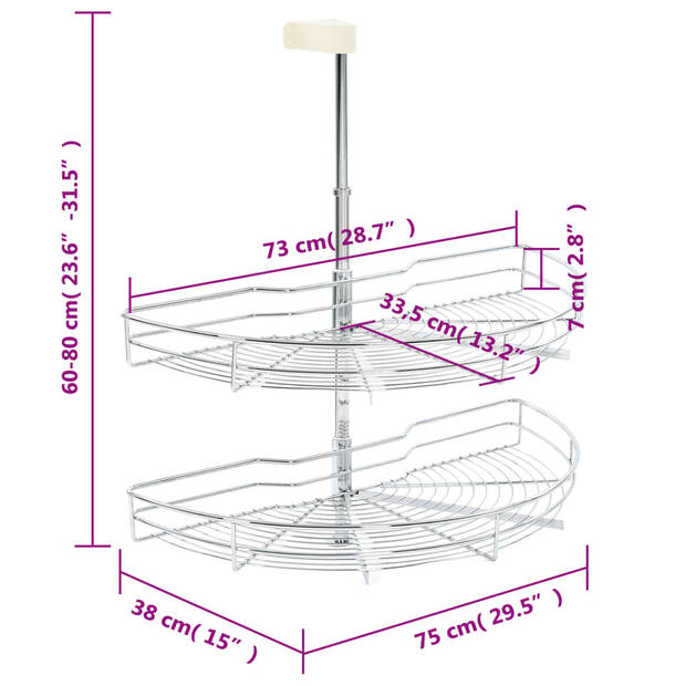 vidaXL Draadmand keuken 2-laags 180 graden 75x38x80 cm zilverkleurig