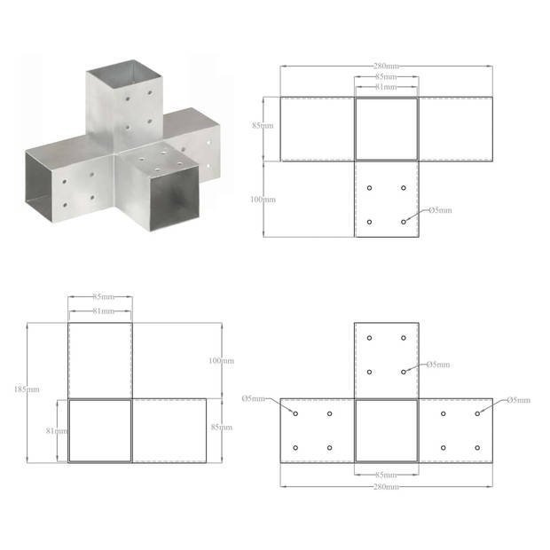 vidaXL Paalverbindingen 4 st X-vorm 81x81 mm gegalvaniseerd metaal