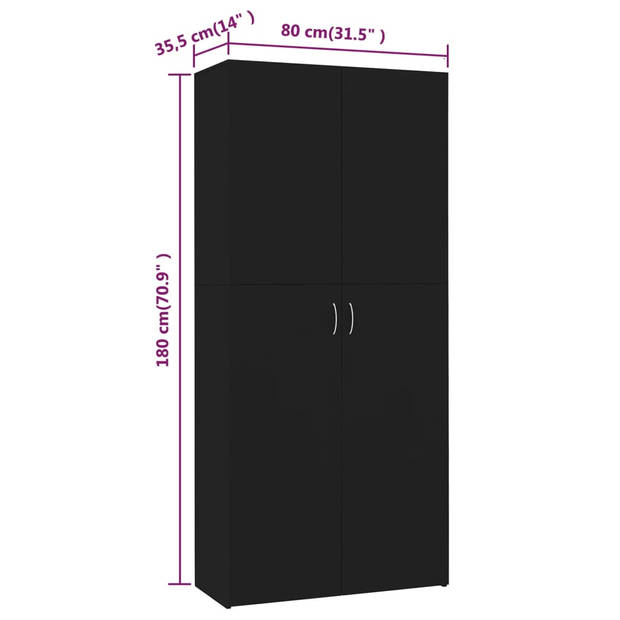 The Living Store Schoenenkast - Hout - 80 x 35.5 x 180 cm - 6 schappen - 2 deuren - Zwart