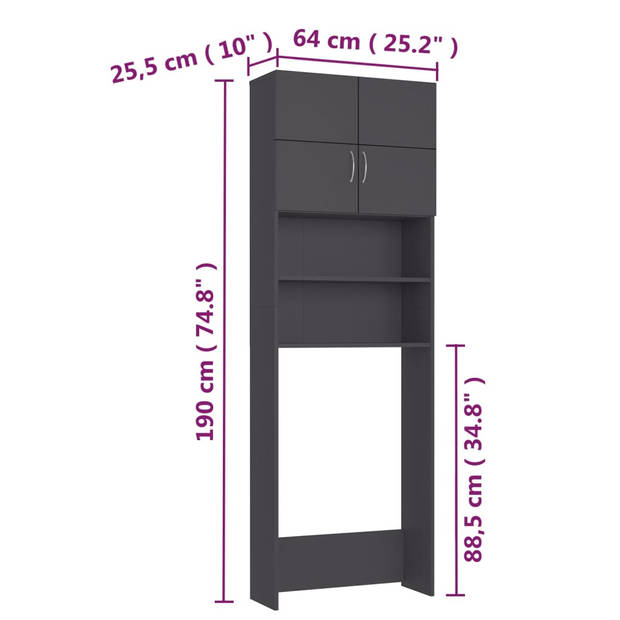 The Living Store Wasmachinekast 64x25-5x190 cm bewerkt hout grijs - Badkamerkast