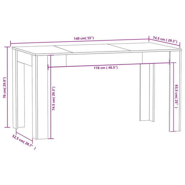 vidaXL Eettafel 140x74,5x76 cm bewerkt hout wit