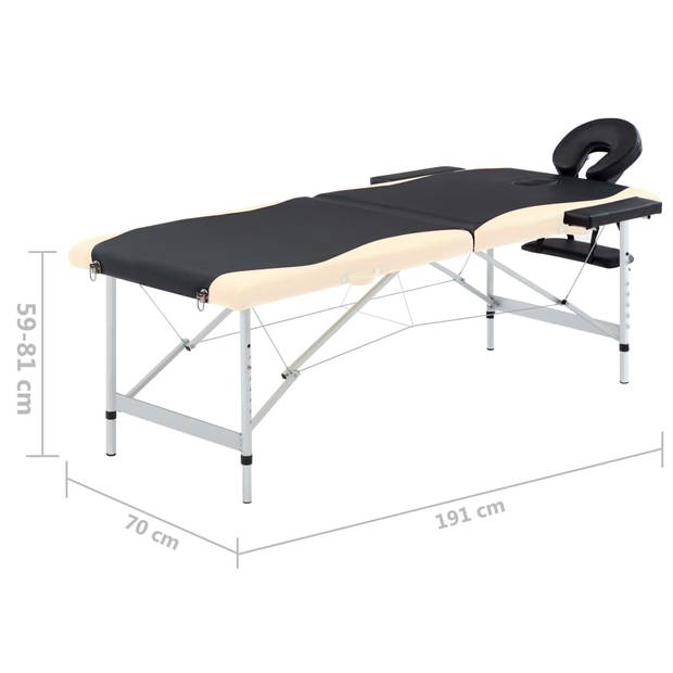 vidaXL Massagetafel inklapbaar 2 zones aluminium zwart en beige