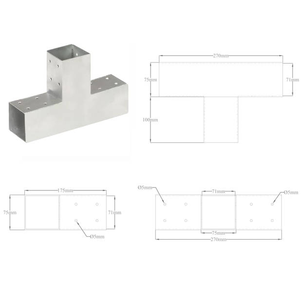 vidaXL Paalverbindingen 4 st T-vorm 71x71 mm gegalvaniseerd metaal