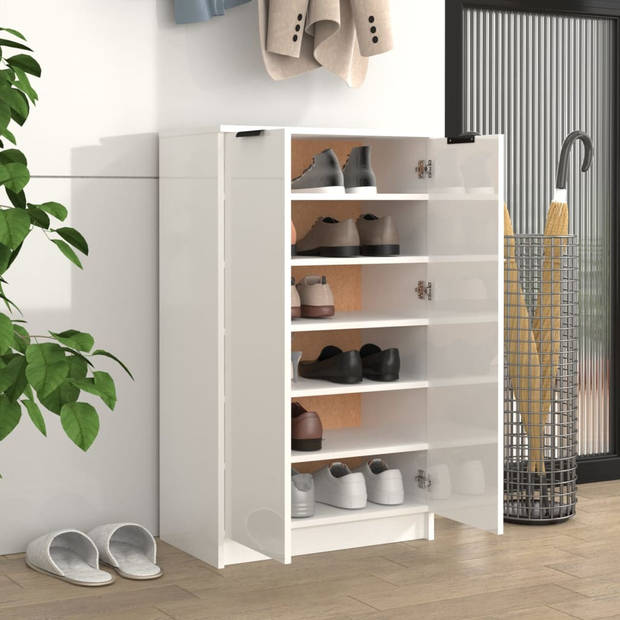 The Living Store Schoenenkast - Hoogglans wit - 59 x 35 x 150 cm - Bewerkt hout