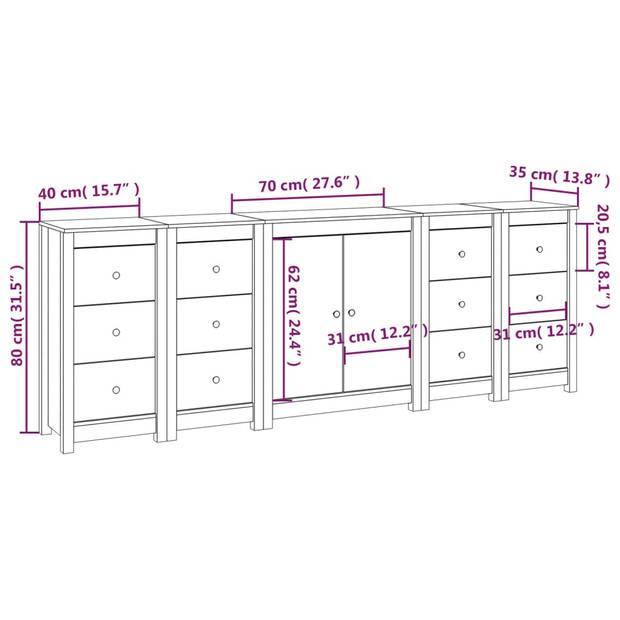 vidaXL Dressoir 230x35x80 cm massief grenenhout