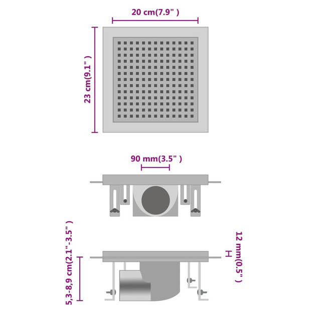 vidaXL Doucheafvoer 23x23 cm roestvrij staal