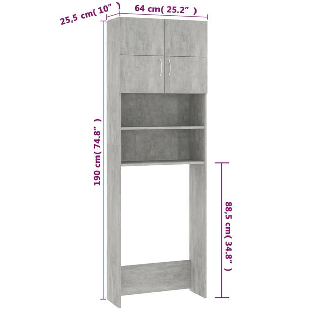 vidaXL Wasmachinekast 64x25,5x190 cm bewerkt hout betongrijs