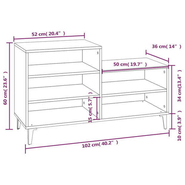 The Living Store Schoenenrek - Bewerkt hout - 102 x 36 x 60 cm - Betongrijs