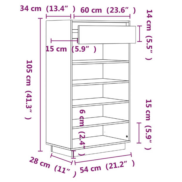 vidaXL Schoenenkast 60x34x105 cm massief grenenhout grijs