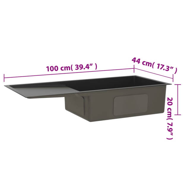 The Living Store Spoelbak - RVS - 100 x 44 x 20 cm - Zwart - Met afdruipplaat - Geluiddempende pads