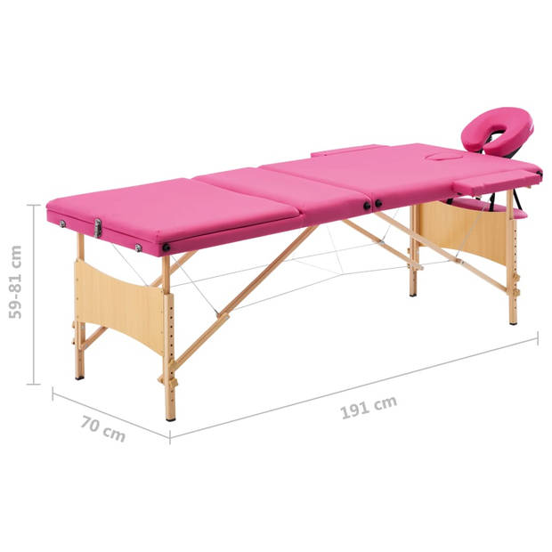 vidaXL Massagetafel inklapbaar 3 zones hout roze