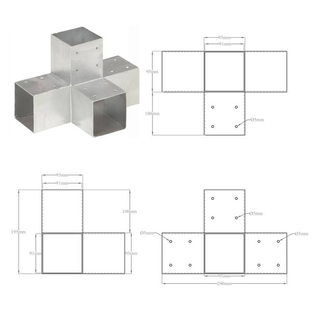 vidaXL Paalverbindingen 4 st X-vorm 91x91 mm gegalvaniseerd metaal