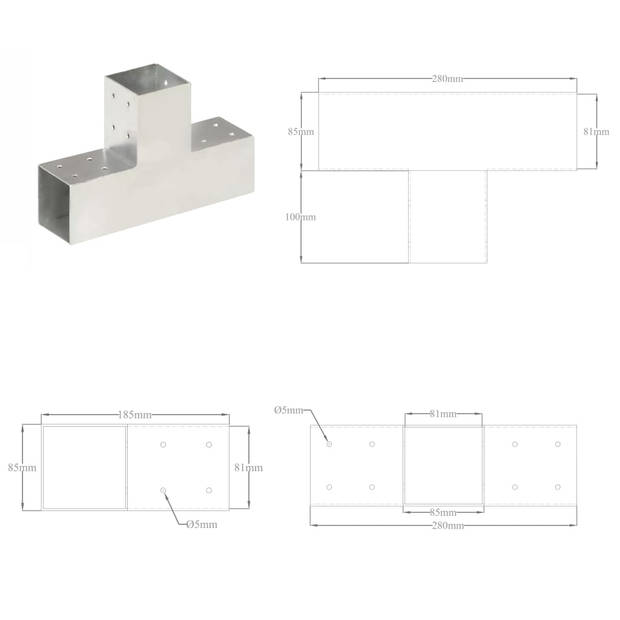 vidaXL Paalverbindingen 4 st T-vorm 81x81 mm gegalvaniseerd metaal