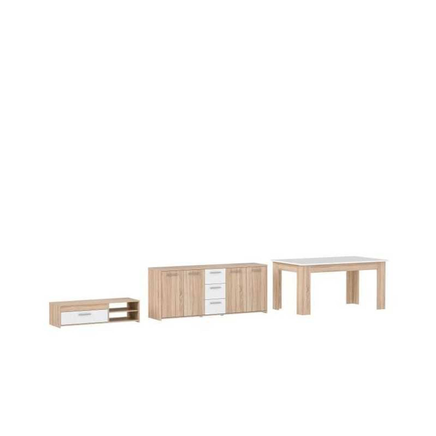 PILVI Woonkamerset tv-meubel + dressoir + eettafel Sonoma eiken decor en mat wit