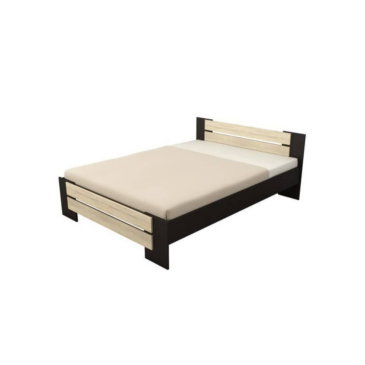 MAO Modern bed voor volwassenen in zwart melamine en licht eiken decor - L 140 x L 190 cm