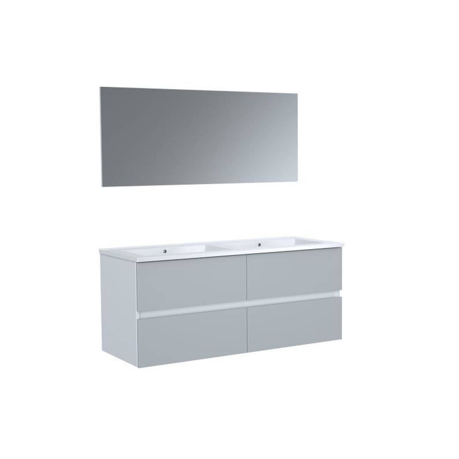 TOTEM Badkamer 120 cm grijs 4 laden slow-motion sluitingen dubbele keramische wastafel + spiegel